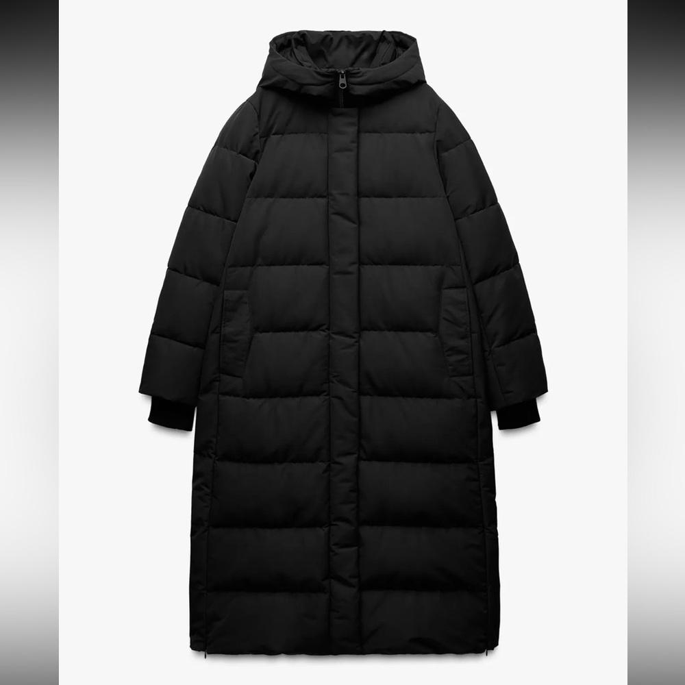 Zara Long Black Hooded Puffer Coat/Parka